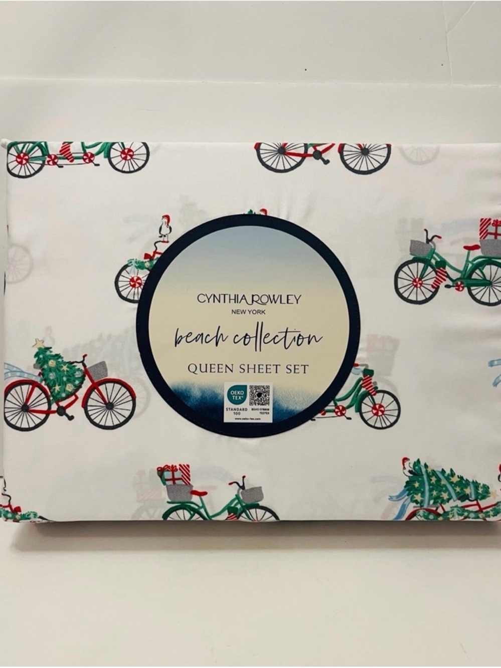 Cynthia Rowley Beach Collection Christmas Bikes Queen Size Sheet Set Tree Gifts